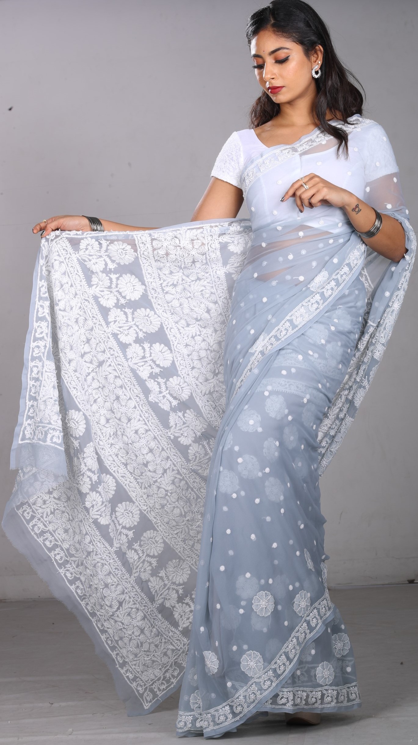 TANIYA GEORGETTE CHIKANKARI SAREE WITH MUKAISH WORK – Lucknow Chikan,  Readymade Chikan Kurtis, Kurti Sets, Chikan Suits, – Noorkari